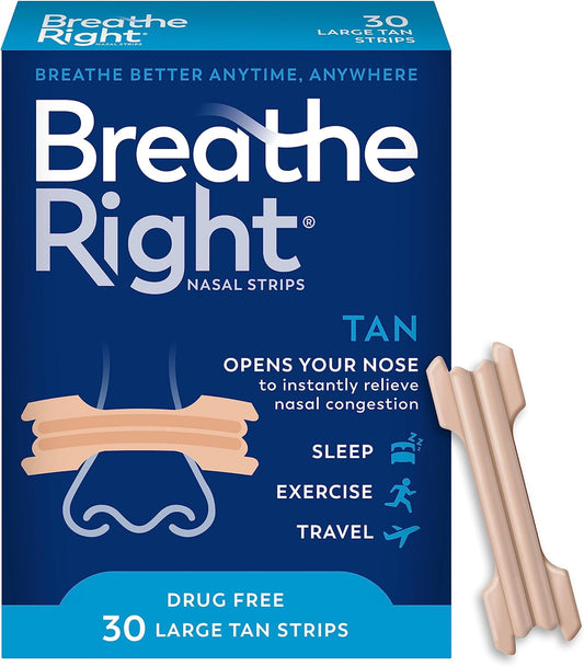 Breathe Right Original Nasal Strips, Large Tan, 30 Count - Drug-Free Snoring & Congestion Relief