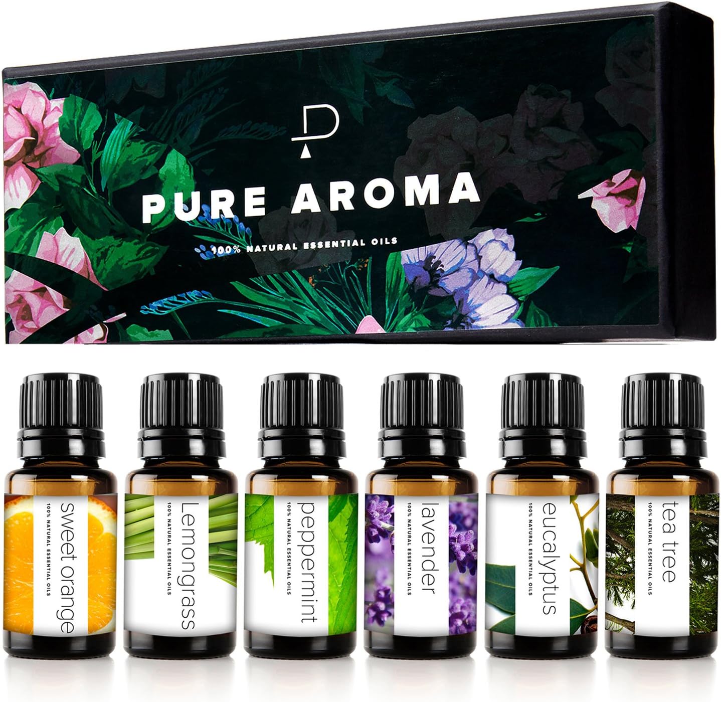 Pure Aroma Essential Oils 100% Therapeutic Grade Oils kit- Top 6 Aromatherapy Oils Gift Set-6 Pack, 10ML(Eucalyptus, Lavender, Lemon Grass, Orange, Peppermint, Tea Tree)