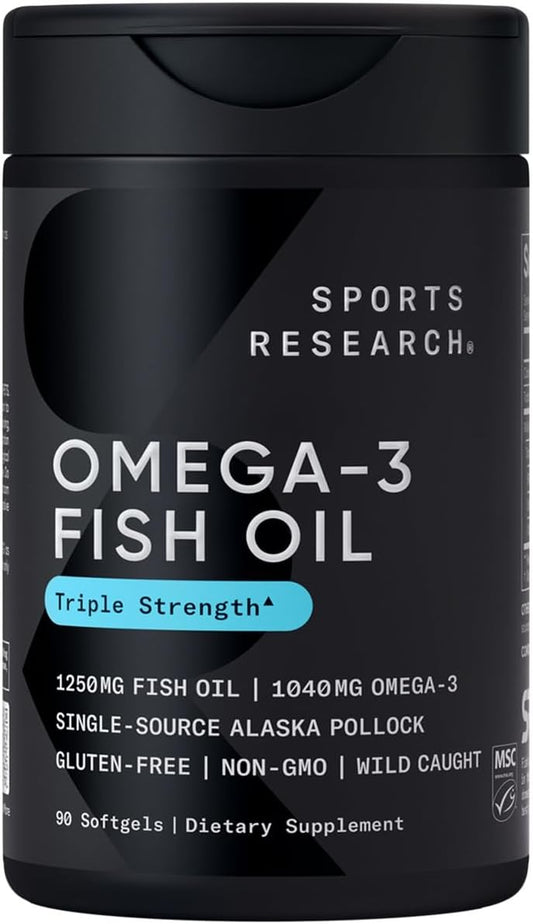 Sports Research, Omega-3,triple Strength, 1250 Mg, Made with ALASKAOMEGA, with Triglyceride EPA & DHA | Heart, Brain & Joint Support | IFOS 5 Star Certified, Non-GMO & Gluten Free - 90 Softgels