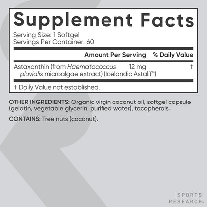 Sports Research Triple Strength Astaxanthin (12mg) with Organic Coconut Oil | Non-GMO, Soy & Gluten Free - 60 Mini Softgels (2 Month Supply)