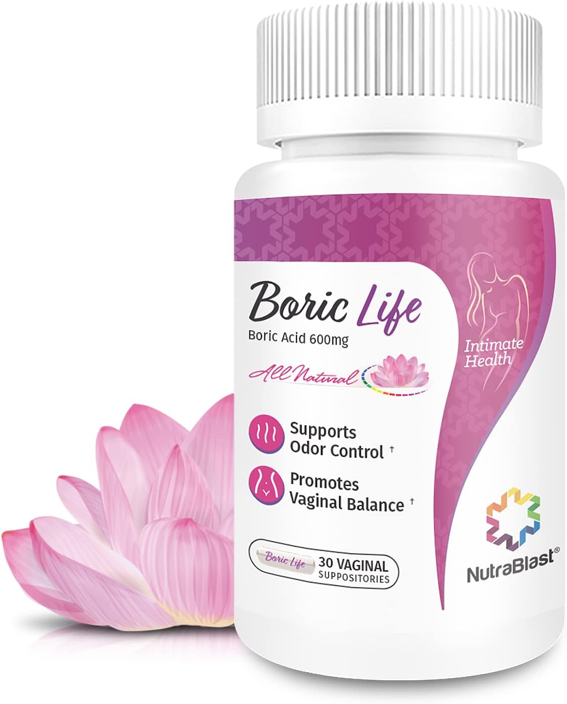 NutraBlast Boric Acid Vaginal Suppositories - 30 Count, 600mg - 100% Pure Made in USA - Boric Life Intimate Health Support