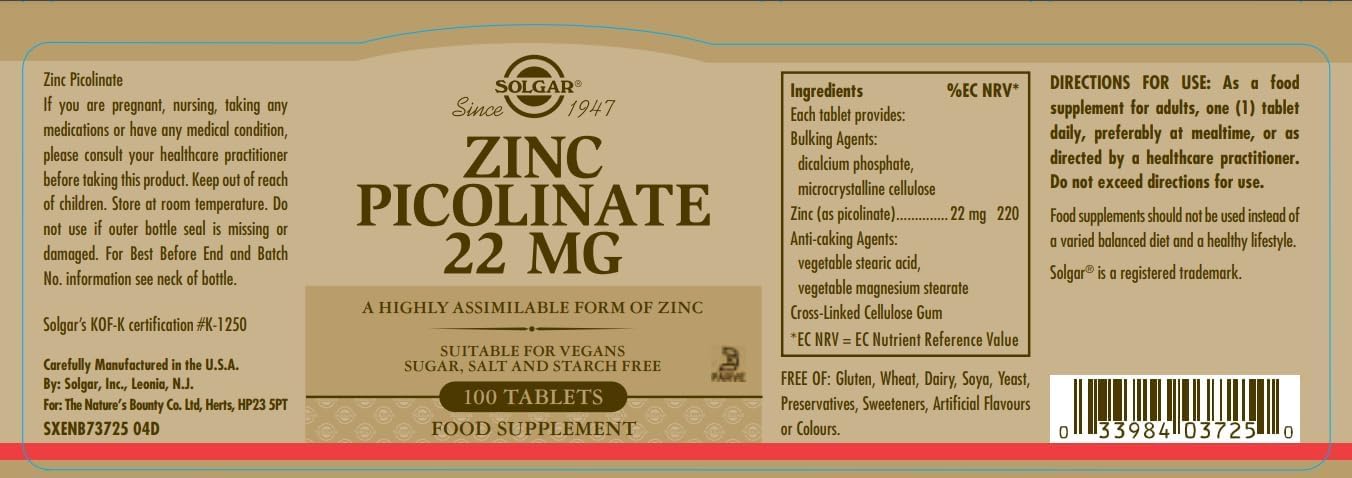 Solgar Zinc Picolinate, 100 Tablets