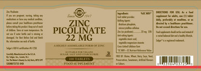 Solgar Zinc Picolinate, 100 Tablets