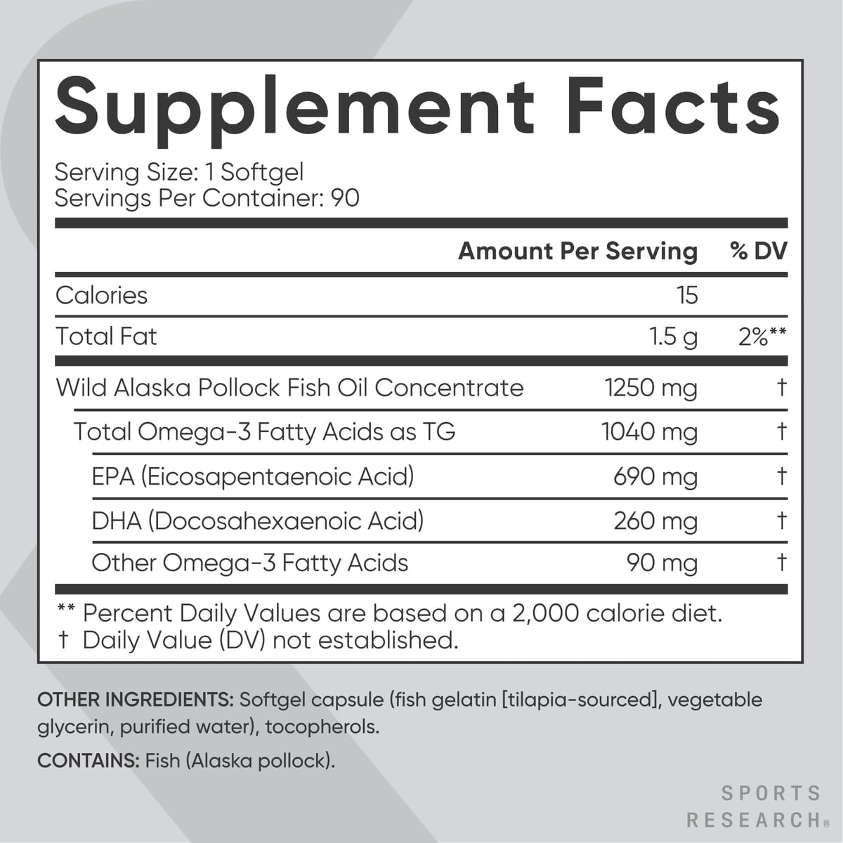 Sports Research, Omega-3,triple Strength, 1250 Mg, Made with ALASKAOMEGA, with Triglyceride EPA & DHA | Heart, Brain & Joint Support | IFOS 5 Star Certified, Non-GMO & Gluten Free - 90 Softgels