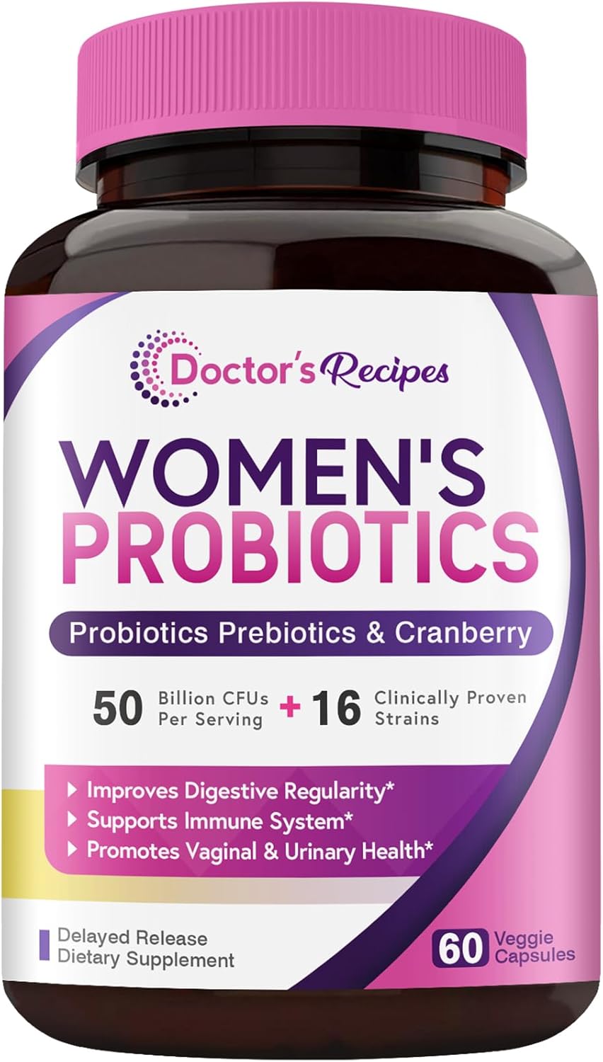 Doctor's Recipes Women’s Probiotic, 60 Caps 50 Billion CFU 16 Strains, with Organic Prebiotics Cranberry, Digestive Immune Vaginal & Urinary Health, Shelf Stable, Delayed Release, No Soy Gluten Dairy