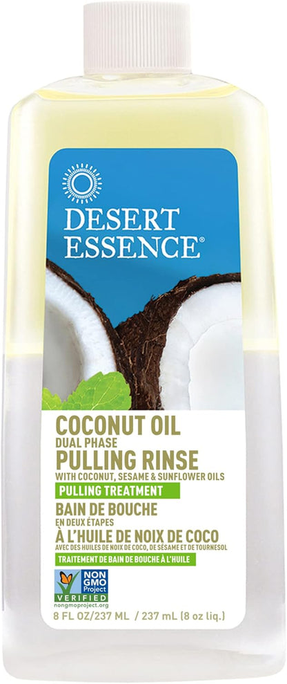 غسول سحب مزدوج المرحلة من زيت جوز الهند من Desert Essence، نعناع، ​​8 أونصة سائلة - خالٍ من الكحول والسكر والغلوتين ونباتي وغير معدّل وراثيًا - زيت جوز الهند البكر العضوي وزيت السمسم وزيت عباد الشمس وزيت شجرة الشاي