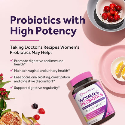 Doctor's Recipes Women’s Probiotic, 60 Caps 50 Billion CFU 16 Strains, with Organic Prebiotics Cranberry, Digestive Immune Vaginal & Urinary Health, Shelf Stable, Delayed Release, No Soy Gluten Dairy