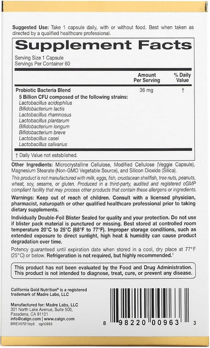 California Gold Nutrition, LactoBif Probiotics, 5 Billion CFU, 60 Veggie Caps