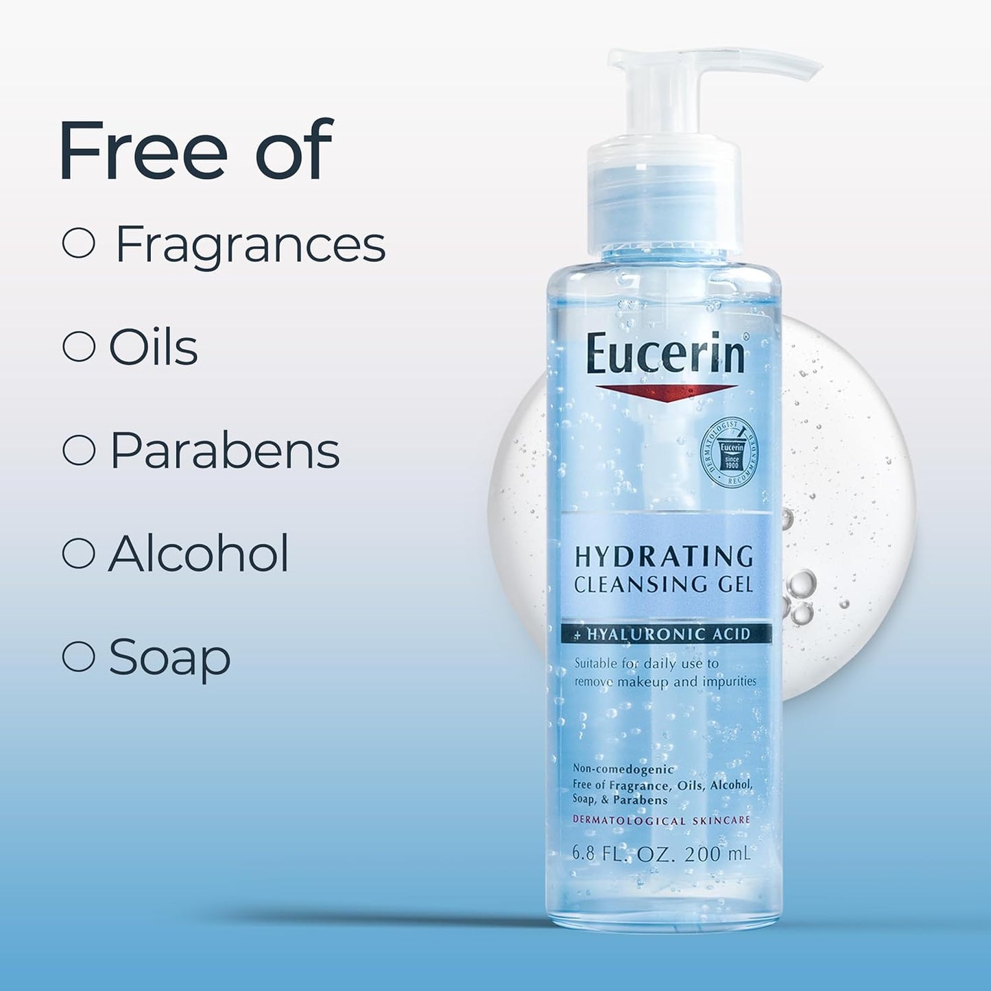 Eucerin, Face, Hydrating Cleansing Gel + Hyaluronic Acid, Fragrance Free, 6.8 fl oz (200 ml)