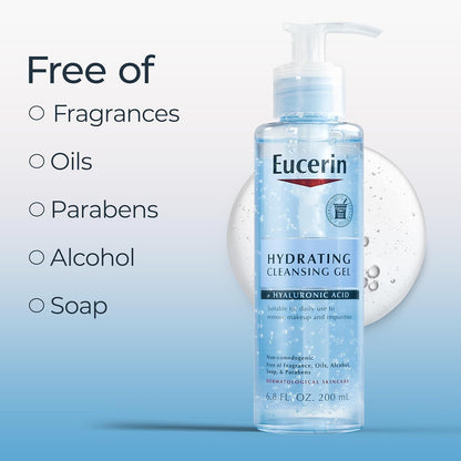 Eucerin, Face, Hydrating Cleansing Gel + Hyaluronic Acid, Fragrance Free, 6.8 fl oz (200 ml)