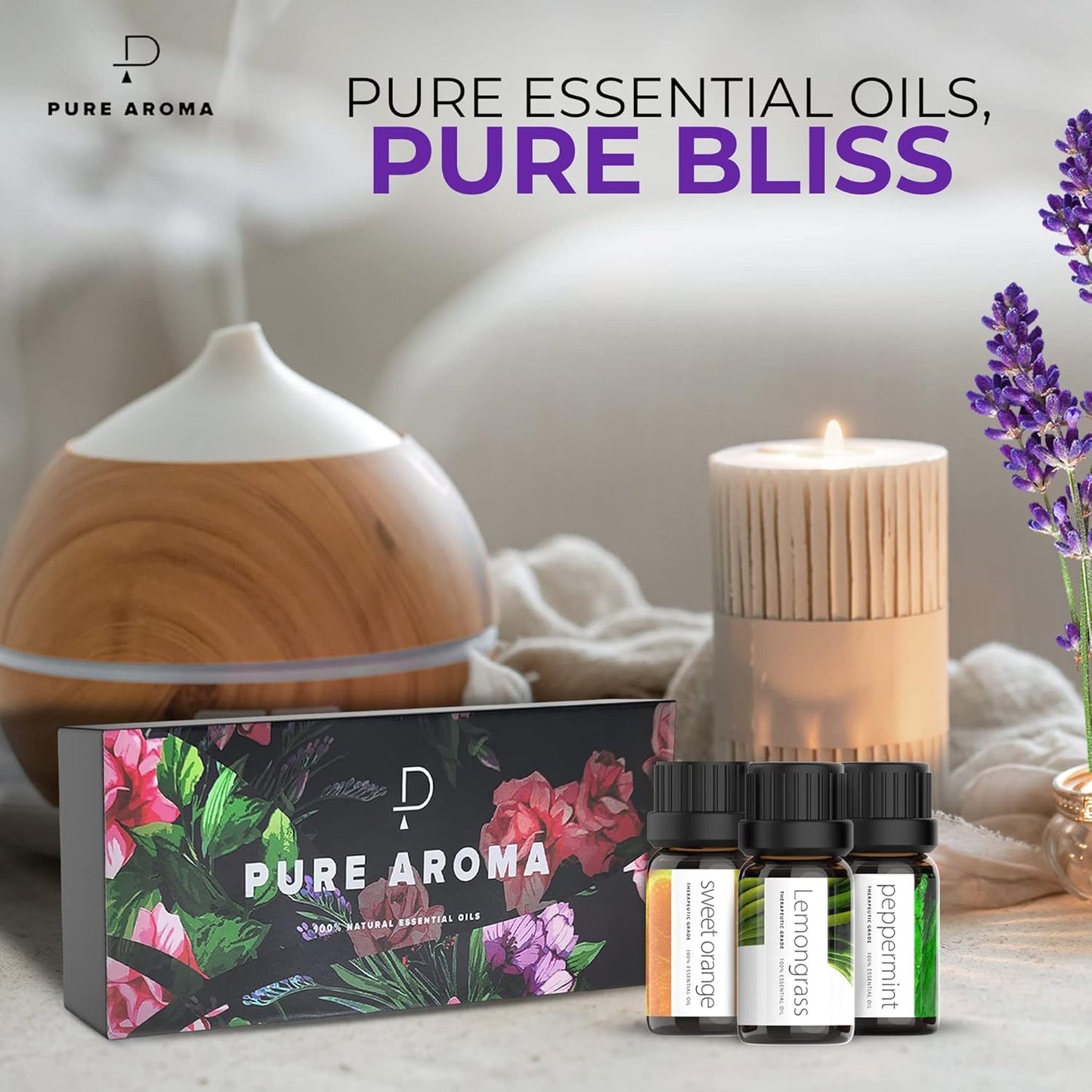 Pure Aroma Essential Oils 100% Therapeutic Grade Oils kit- Top 6 Aromatherapy Oils Gift Set-6 Pack, 10ML(Eucalyptus, Lavender, Lemon Grass, Orange, Peppermint, Tea Tree)