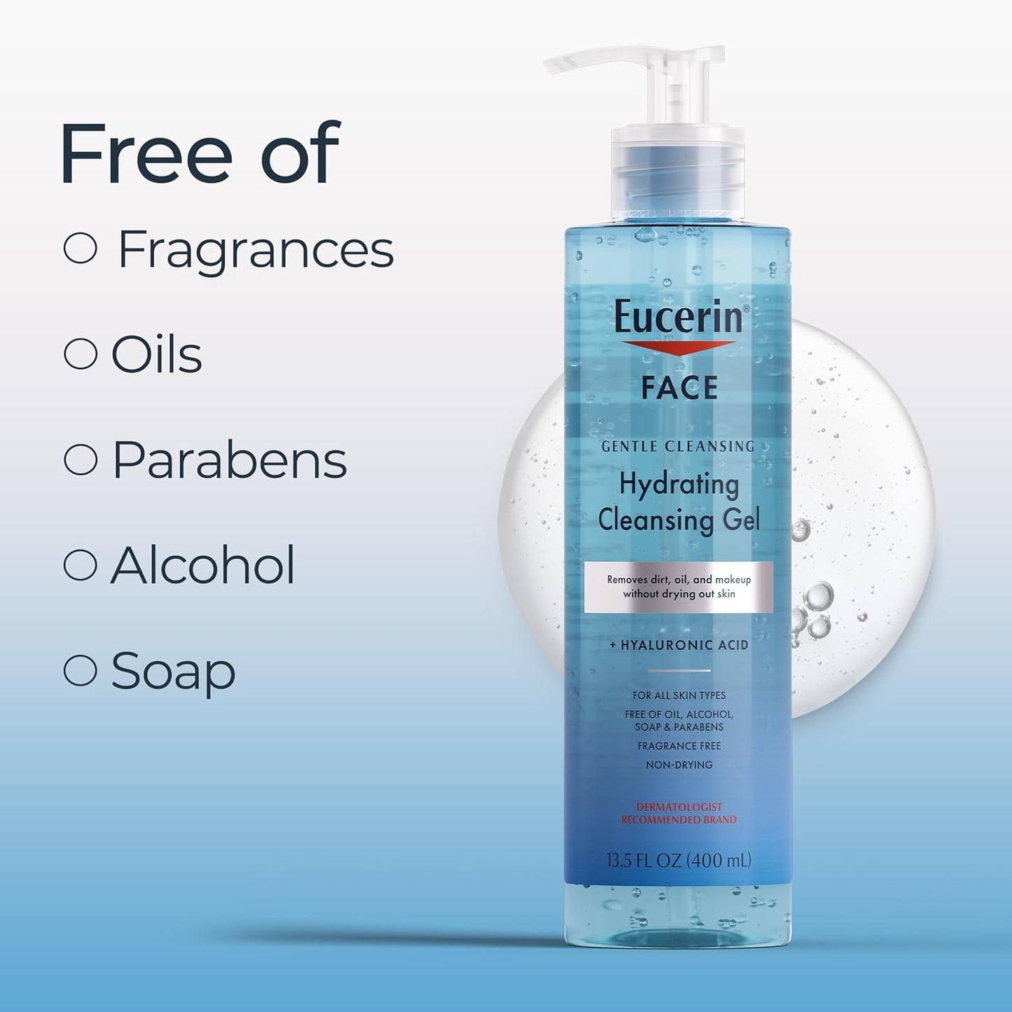 Eucerin, Face, Hydrating Cleansing Gel, Fragrance Free, 13.5 fl oz (400 ml)