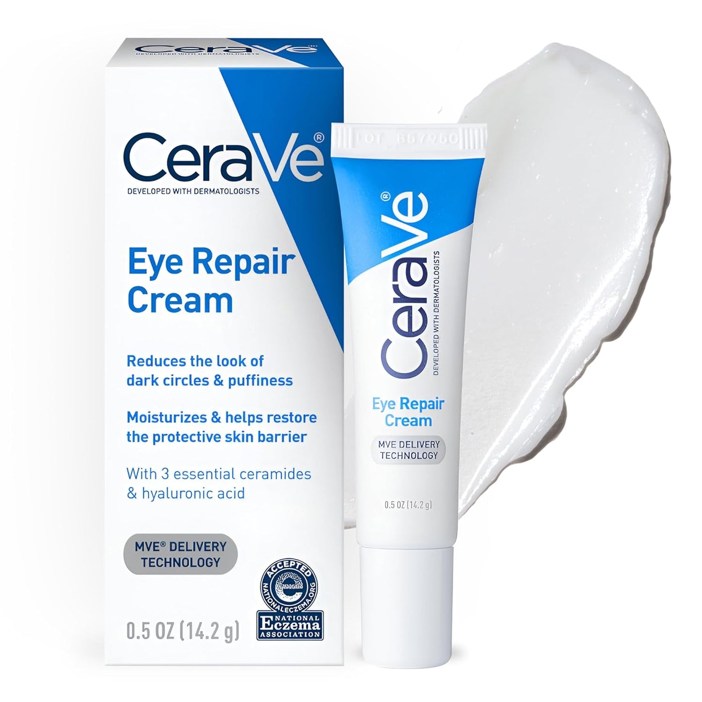 CeraVe Eye Repair Cream Under Eye Cream for Dark Circles and Puffiness, Delicate Skin Under Eye Area with Hyaluronic acid and Ceramides Non-comedogenic, Fragrance Free 0.5Oz, 14 ML