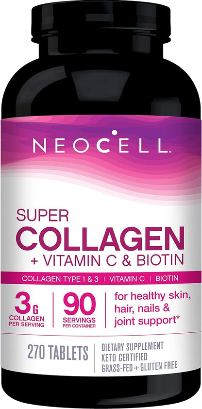 NeoCell Super Collagen Peptides + Vitamin C & Biotin, 3g Collagen Per Serving, Gluten Free, Promotes Healthy Hair, Beautiful Skin, and Nail Support, Dietary Supplement, 270 Tablets