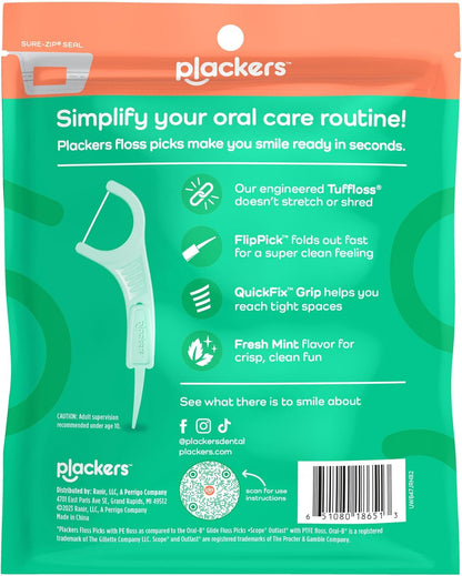 Plackers Micro Mint Dental Flossers, Fresh Mint Flavor, Fold-Out Toothpick, Super Tuffloss, Easy Storage with Sure-Zip Seal, 150 Count