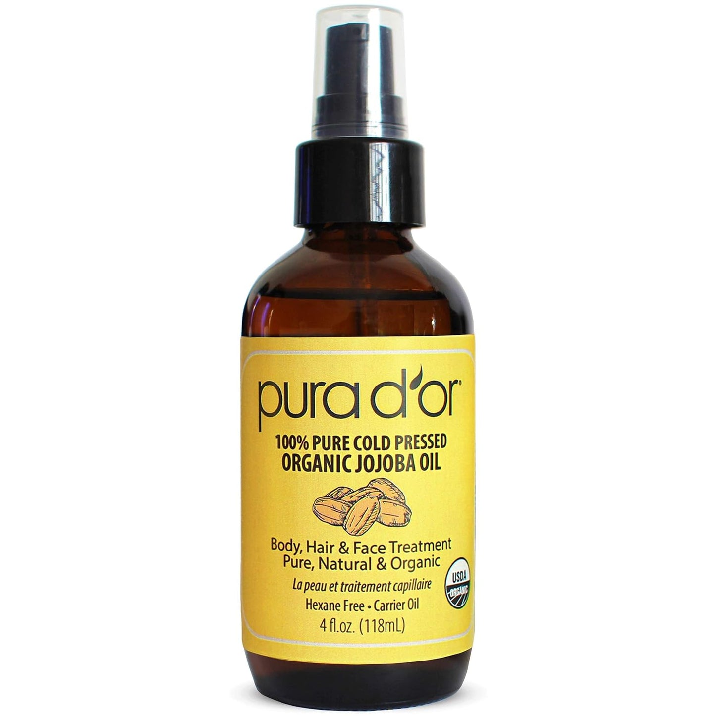 Pura D'or, 100% Pure Cold Pressed Organic Jojoba Oil, 4 fl oz (118 ml)