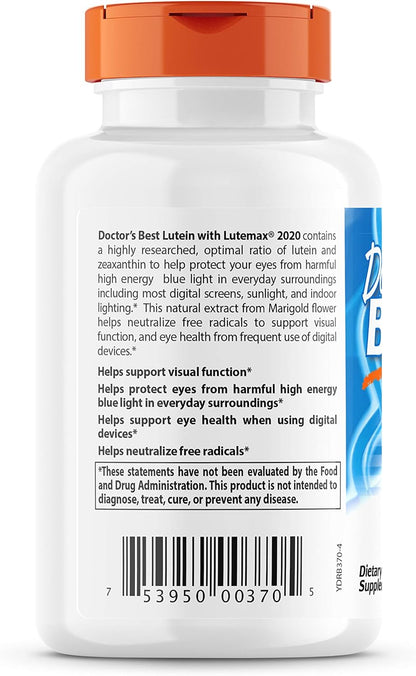 Doctor's Best Lutein Featuring Lutemax, Non-GMO, Gluten Free, Soy Free, Eye Health, 20 mg, 180 Softgels