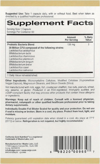 California Gold Nutrition, LactoBif Probiotics, 30 Billion CFU, 60 Veggie Capsules