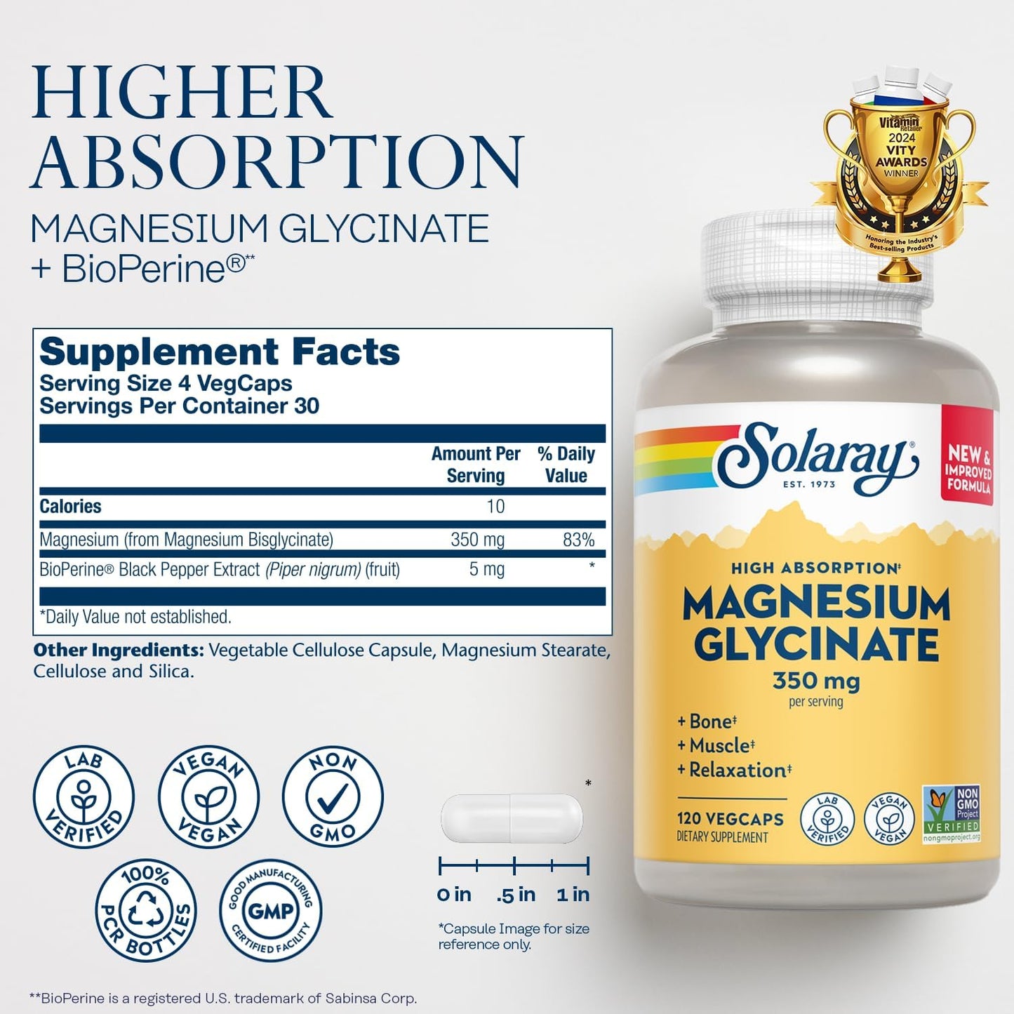 Solaray Magnesium Glycinate, Fully Chelated Bisglycinate with BioPerine, 30 Servings (120 VegCaps)