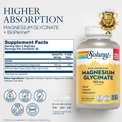 Solaray Magnesium Glycinate, Fully Chelated Bisglycinate with BioPerine, 30 Servings (120 VegCaps)