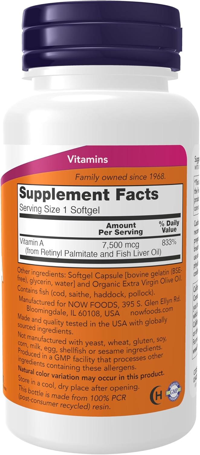 NOW Supplements, Vitamin A (Fish Liver Oil) 25,000 IU, Essential Nutrition, 250 Softgels