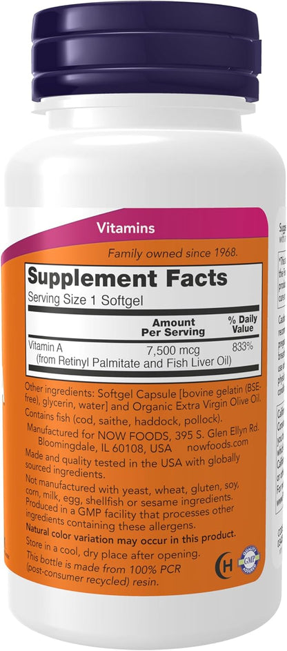 NOW Supplements, Vitamin A (Fish Liver Oil) 25,000 IU, Essential Nutrition, 250 Softgels