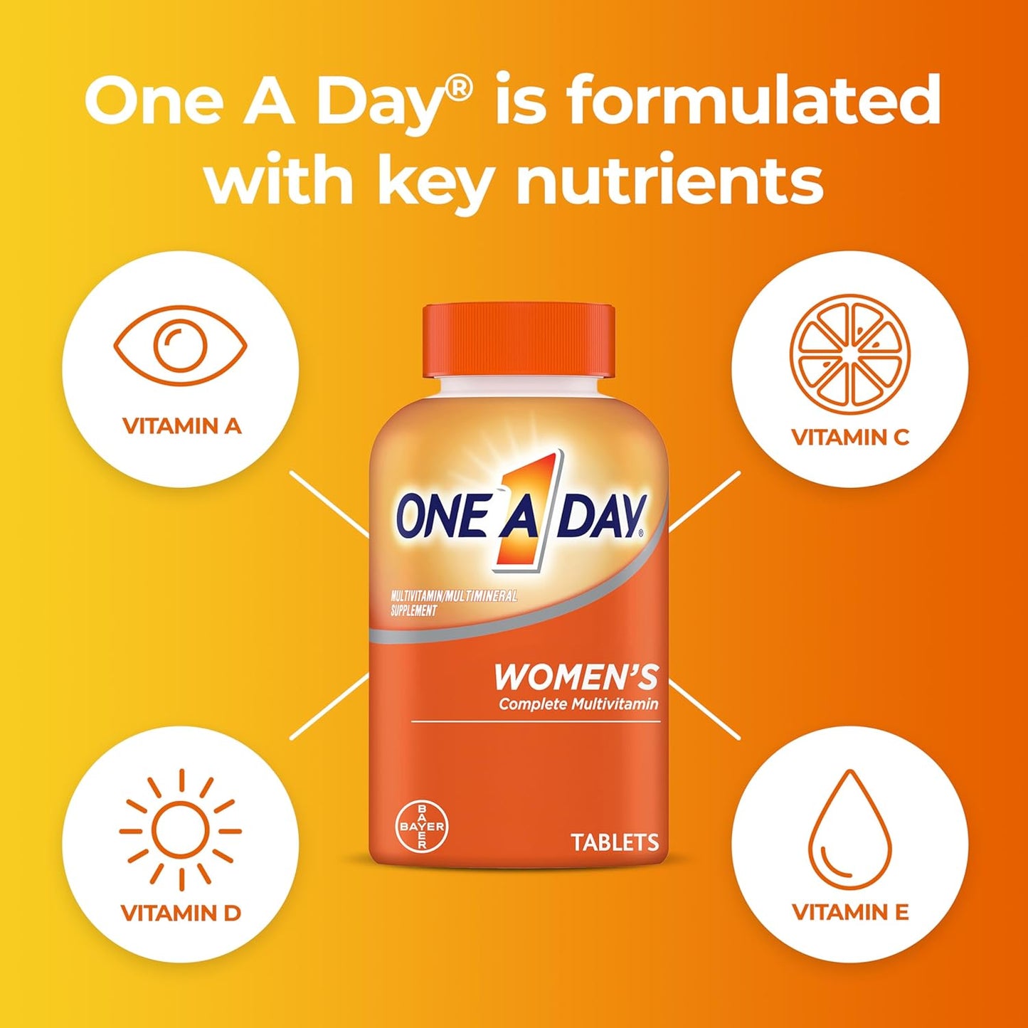 ONE A DAY Womens Complete Daily Multivitamin with Vitamin A, B , C, D, and E, Calcium and Magnesium, Immune Health Support, 200 Count