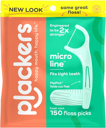 Plackers Micro Mint Dental Flossers, Fresh Mint Flavor, Fold-Out Toothpick, Super Tuffloss, Easy Storage with Sure-Zip Seal, 150 Count