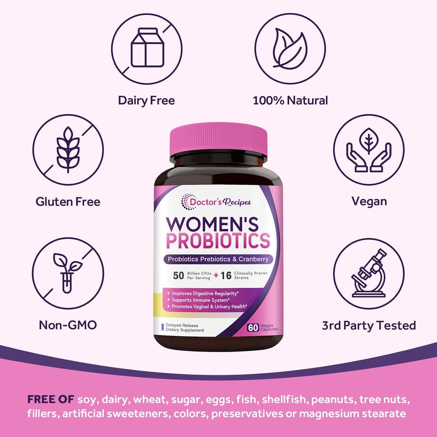 Doctor's Recipes Women’s Probiotic, 60 Caps 50 Billion CFU 16 Strains, with Organic Prebiotics Cranberry, Digestive Immune Vaginal & Urinary Health, Shelf Stable, Delayed Release, No Soy Gluten Dairy