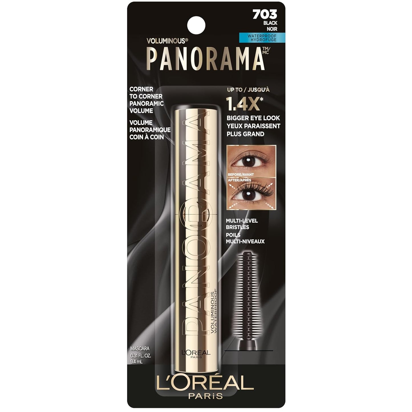 L’Oréal Paris Voluminous Panorama Mascara, Volumizing and Lengthening Mascara, Waterproof Longwear and Smudge Resistant Make Up, Black, 0.33 Fl Oz