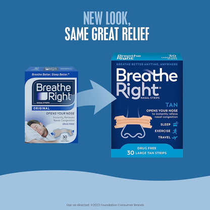 Breathe Right Original Nasal Strips, Large Tan, 30 Count - Drug-Free Snoring & Congestion Relief