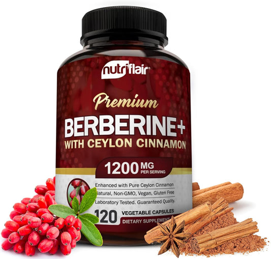 NutriFlair Premium Berberine HCL 1200mg, 120 Capsules - Plus Pure True Ceylon Cinnamon, Berberine HCI Root Supplements Pills - Immune System, Healthy Weight Management