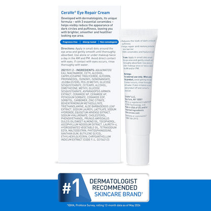 CeraVe Eye Repair Cream Under Eye Cream for Dark Circles and Puffiness, Delicate Skin Under Eye Area with Hyaluronic acid and Ceramides Non-comedogenic, Fragrance Free 0.5Oz, 14 ML