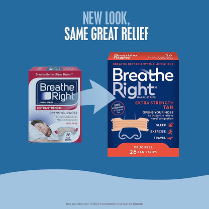 Breathe Right Nasal Strips | Extra Strength | Tan Nasal Strips | Help Stop Snoring | Drug-Free Snoring Solution & Instant Nasal Congestion Relief Caused by Colds & Allergies | 26 Count