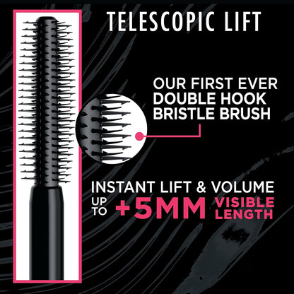 L’Oréal Paris Telescopic Lift Washable Mascara, Lengthening and Volumizing Eye Makeup, Lash Lift with Up to 36HR Wear, Black, 0.33 Fl Oz