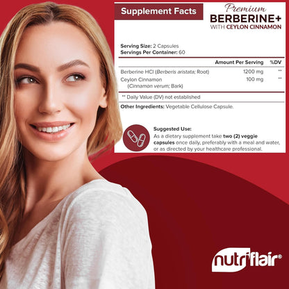 NutriFlair Premium Berberine HCL 1200mg, 120 Capsules - Plus Pure True Ceylon Cinnamon, Berberine HCI Root Supplements Pills - Immune System, Healthy Weight Management