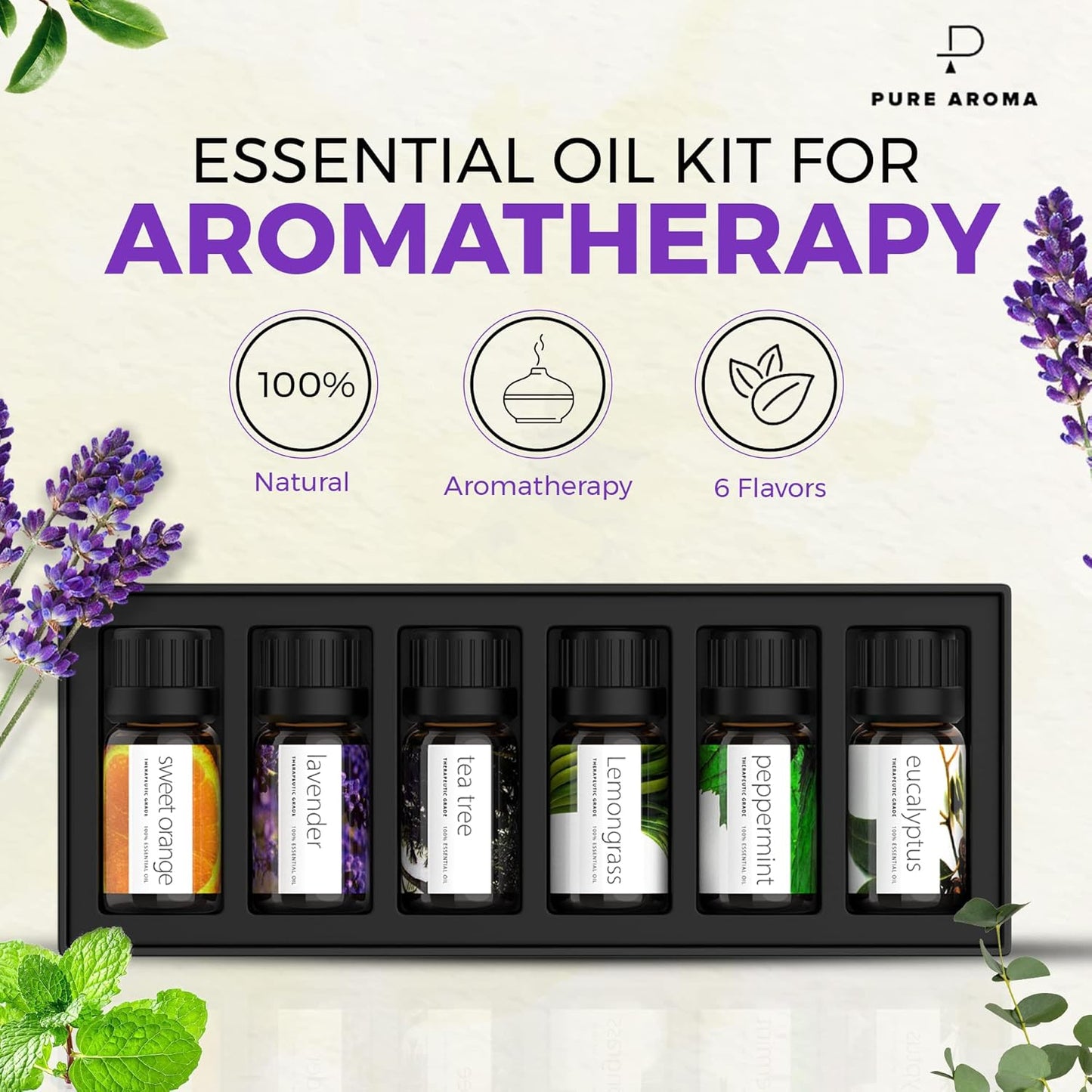 Pure Aroma Essential Oils 100% Therapeutic Grade Oils kit- Top 6 Aromatherapy Oils Gift Set-6 Pack, 10ML(Eucalyptus, Lavender, Lemon Grass, Orange, Peppermint, Tea Tree)