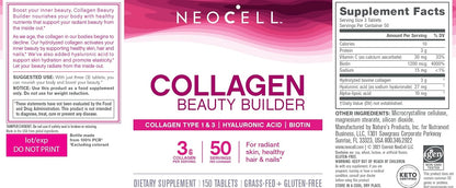 NeoCell Collagen Beauty Builder With Hyaluronic Acid and Biotin, Skin, Hair and Nails Supplement, Includes Antioxidants, Tablet, 150 Count