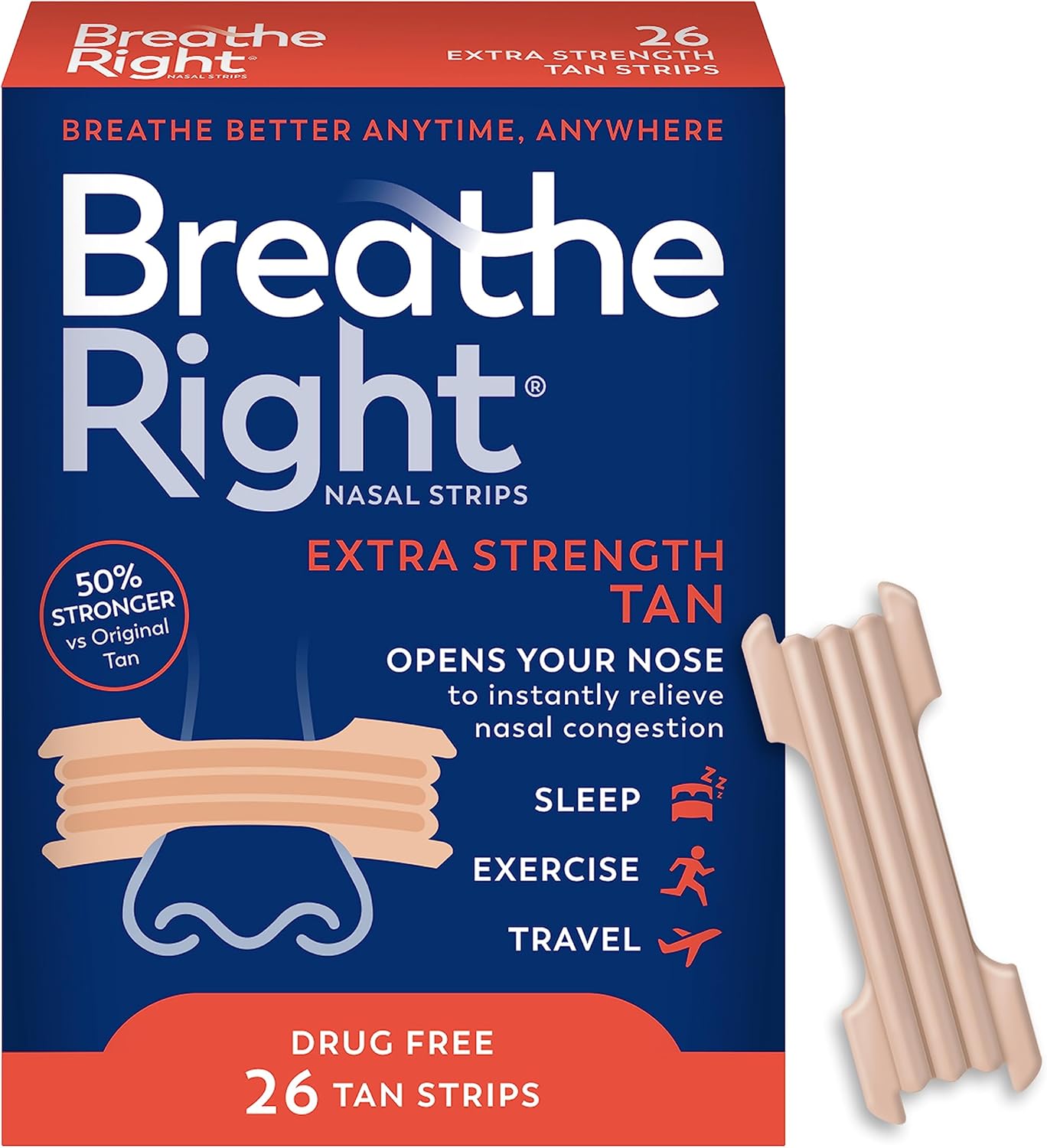 Breathe Right Nasal Strips | Extra Strength | Tan Nasal Strips | Help Stop Snoring | Drug-Free Snoring Solution & Instant Nasal Congestion Relief Caused by Colds & Allergies | 26 Count