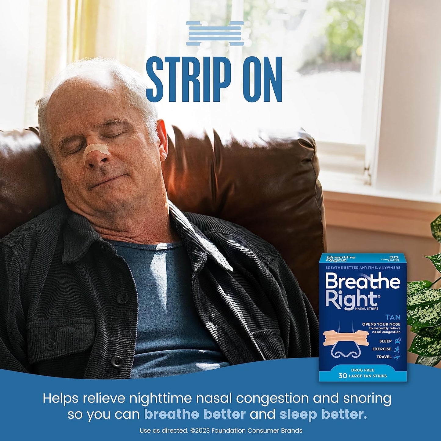 Breathe Right Original Nasal Strips, Large Tan, 30 Count - Drug-Free Snoring & Congestion Relief