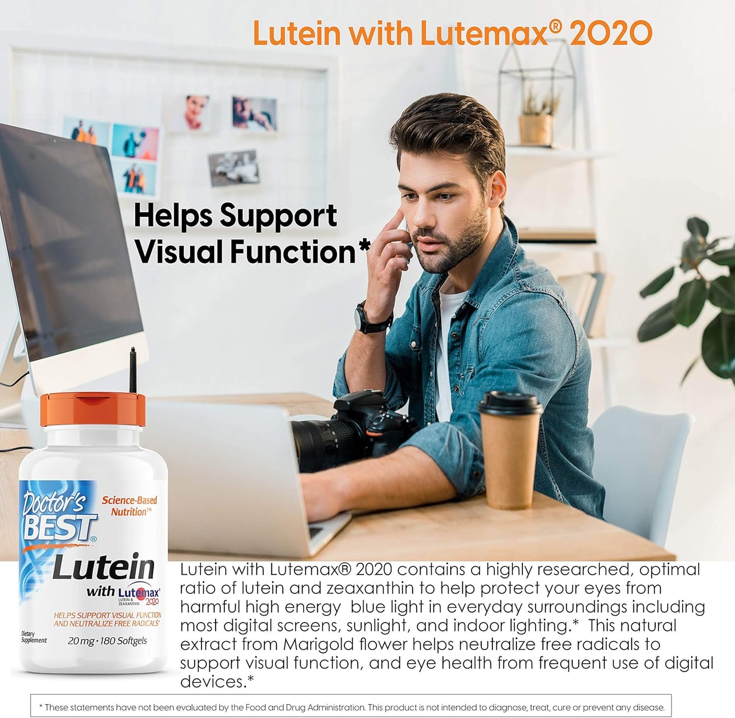 Doctor's Best Lutein Featuring Lutemax, Non-GMO, Gluten Free, Soy Free, Eye Health, 20 mg, 180 Softgels