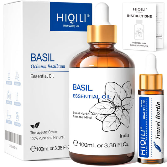 HIQILI Basil Essential Oil,Pure Natural Basil Oil for Skin Massage Diffuser -3.38 Fl Oz.