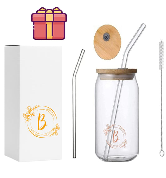 BARKAH 1PCS, 2PCS, 4PCS Drinking Glasses with Bamboo Lids, Glass Straw & Glass Straw Cleaner Can Shaped Glass Cups Glasses Iced Coffee Glasses Cute Tumbler Cup for Gift