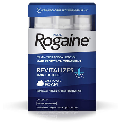 Men's Rogaine 5% Minoxidil Foam for Hair Loss and Hair Regrowth, Topical Treatment for Thinning Hair, 3-Month Supply ( Pack of 3)**About this item:** Experience a 3-month supply of Men's Rogaine 5% Minoxidil Foam, a hair growth treatment designed to comba