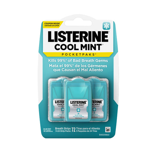 Listerine Cool Mint Pocketpaks Breath Strips Kills Bad Breath Germs, 24-Strip Pack, 3 Pack**Safety Information:**- The carrying case may pose a choking hazard. **Ingredients:**- Pullulan- Menthol- Flavor- Sucralose- Potassium Acesulfame- Polysorbate 80- C