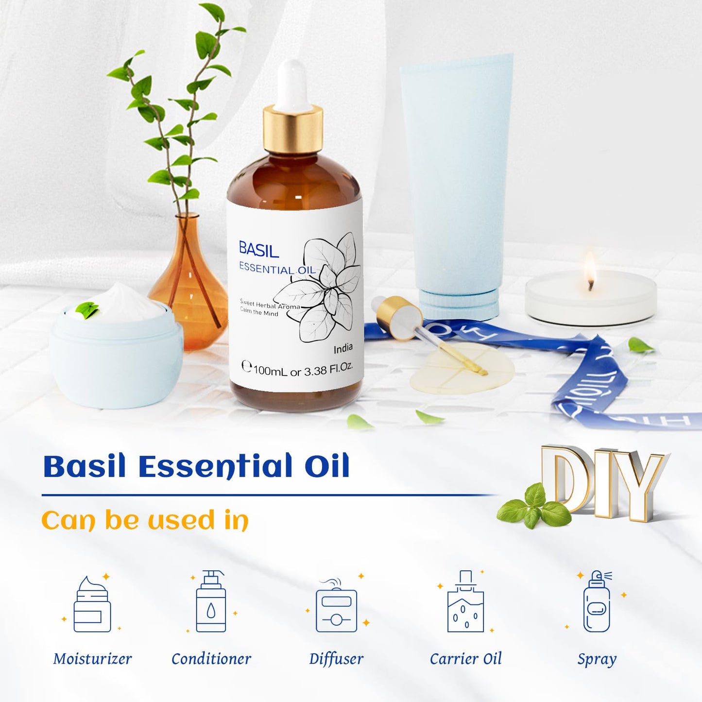 HIQILI Basil Essential Oil,Pure Natural Basil Oil for Skin Massage Diffuser -3.38 Fl Oz.