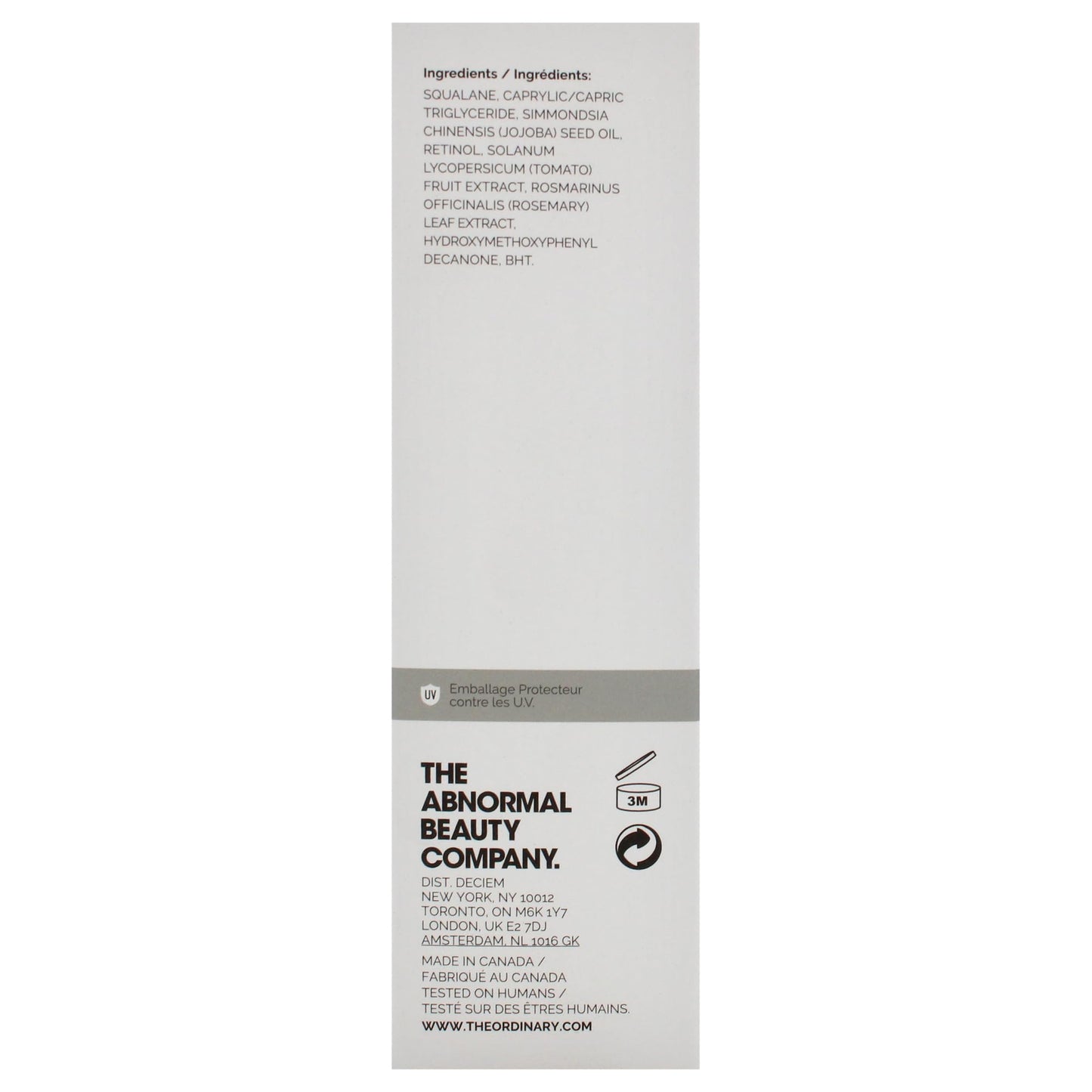 The Ordinary Retinol 0.5% in Squalane 30ml**About this item:** Brand: The Ordinary - **Easy to Use:** This high-strength, water-free solution is easy to incorporate into your skincare routine.- **Suitable:** Suitable for addressing various signs of aging,