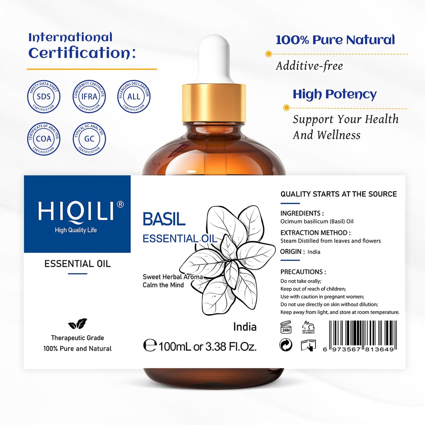 HIQILI Basil Essential Oil,Pure Natural Basil Oil for Skin Massage Diffuser -3.38 Fl Oz.