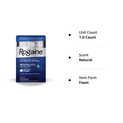 Men's Rogaine 5% Minoxidil Foam for Hair Loss and Hair Regrowth, Topical Treatment for Thinning Hair, 3-Month Supply ( Pack of 3)**About this item:** Experience a 3-month supply of Men's Rogaine 5% Minoxidil Foam, a hair growth treatment designed to comba